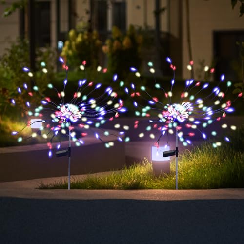 4 Pack 175 LED Solar Garden Lights for Yard, Solar Firework Lights Outdoor Waterproof with 2 Modes Twinkling Lights, Sparkly Solar Starburst Lights for Wedding Walkway Decor (Colorful)