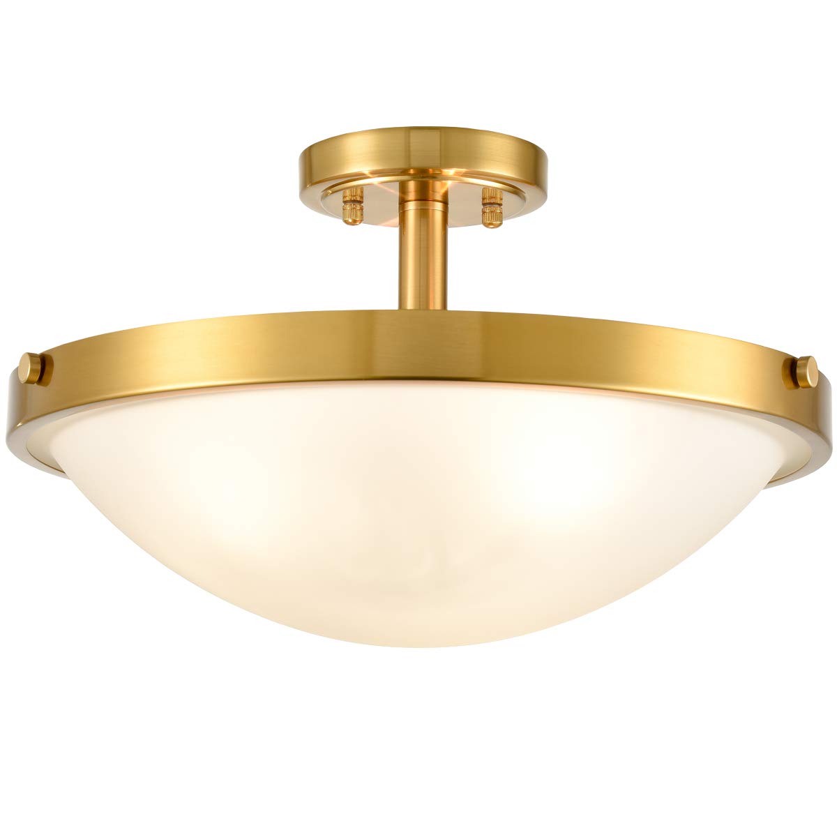 16-Inch Gold Semi Flush Mount Ceiling Light Mid Century Modern 3-Light Milk Glass Ceiling Light Brass Flush Mount Light Fixtures for Bedroom Hallway Staircase