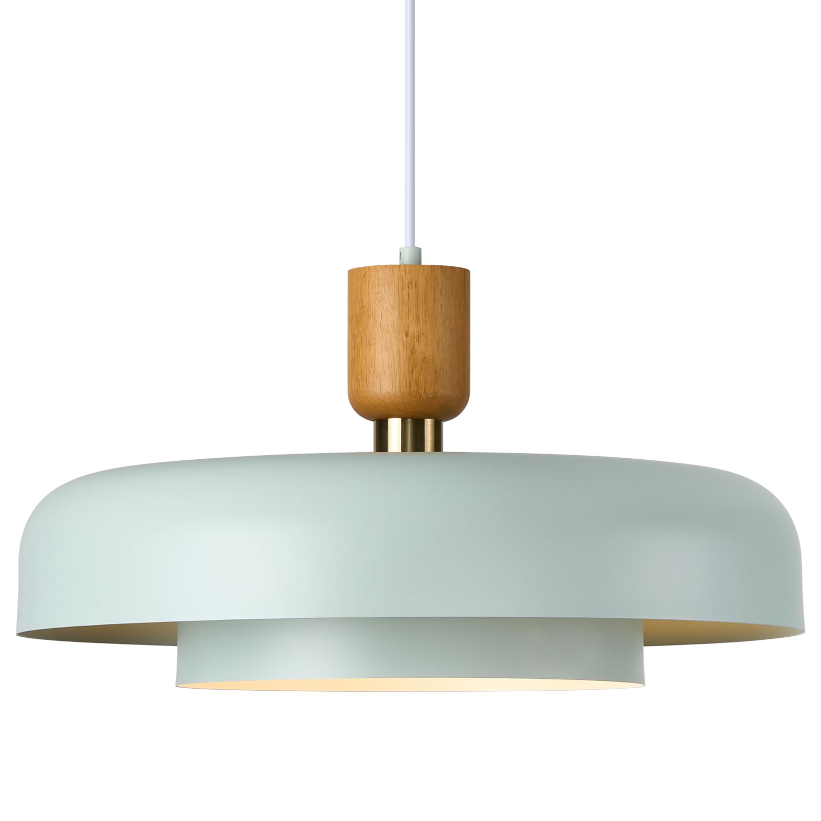 Modern Large Pendant Light 19.68 inch, 2 Tiers Matte White Shade, Natural Wood and Brass Accent, Mid Century Chandelier for Kitchen Island, Dining Room, Living Room