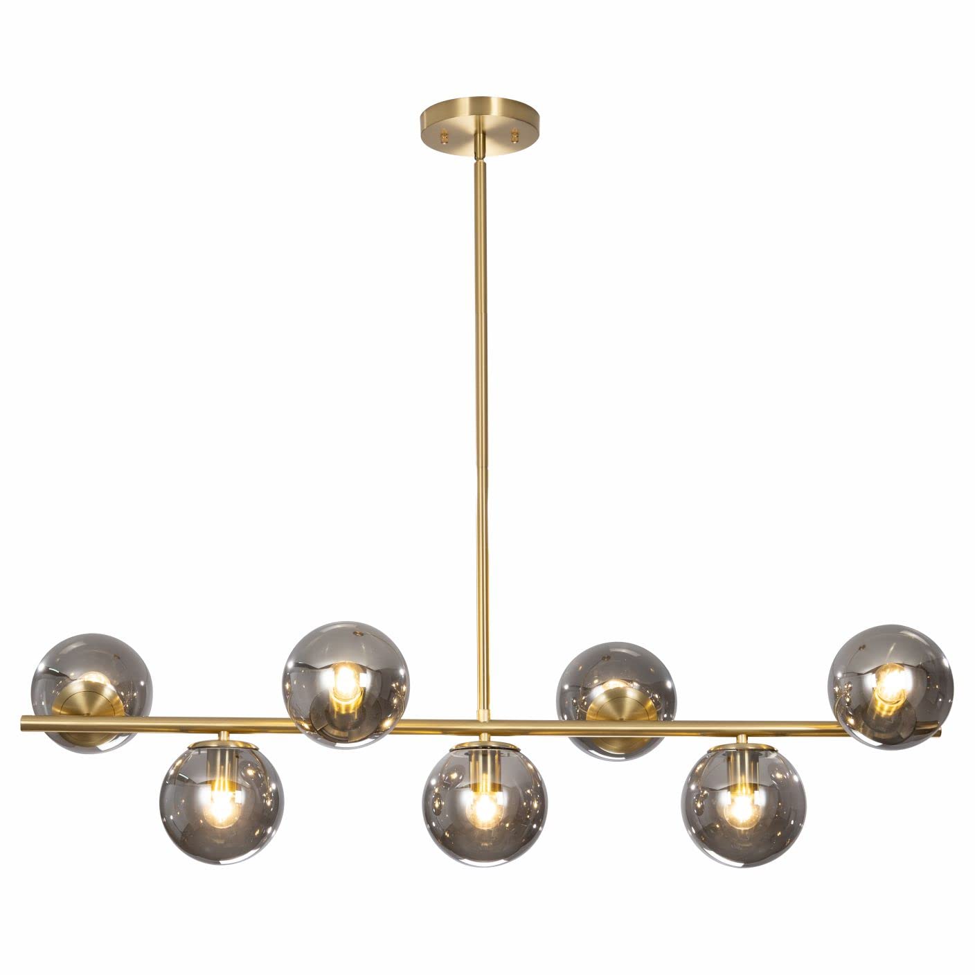 KCO Lighting Modern Brass Linear Chandelier Pendant Light 7-Lights Gold and White Glass Pendant Lighting Mid Century Globe Dining Light Fixture for Living Room Kitchen