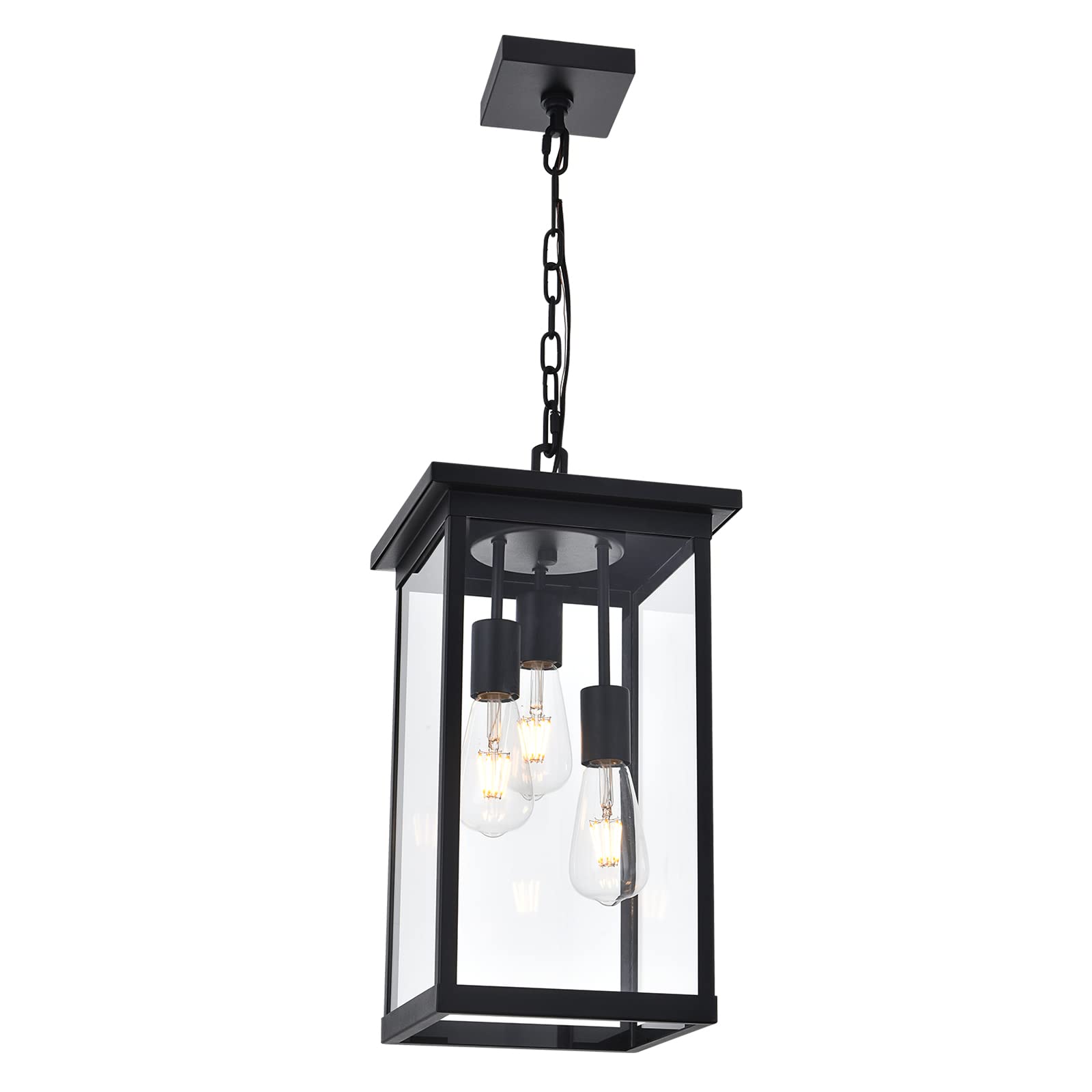 3-Lights Large Outdoor Pendant Light, Black Porch Ceiling Lighting Fixtures with Seeded Glass Panel, Exterior Hanging Lantern Adjustable Chain for Yard Entryway Patio