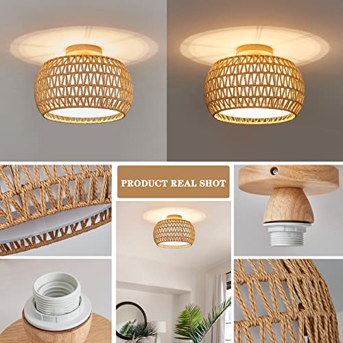 Rattan Ceiling Light Fixtures, Hand-woven Boho Flush Mount Ceiling Light, Handmade Rattan Light Fixtures Ceiling Mount with Fabric Shade, Farmhouse Light Fixture for Bedroom Hallway Entryway (White)