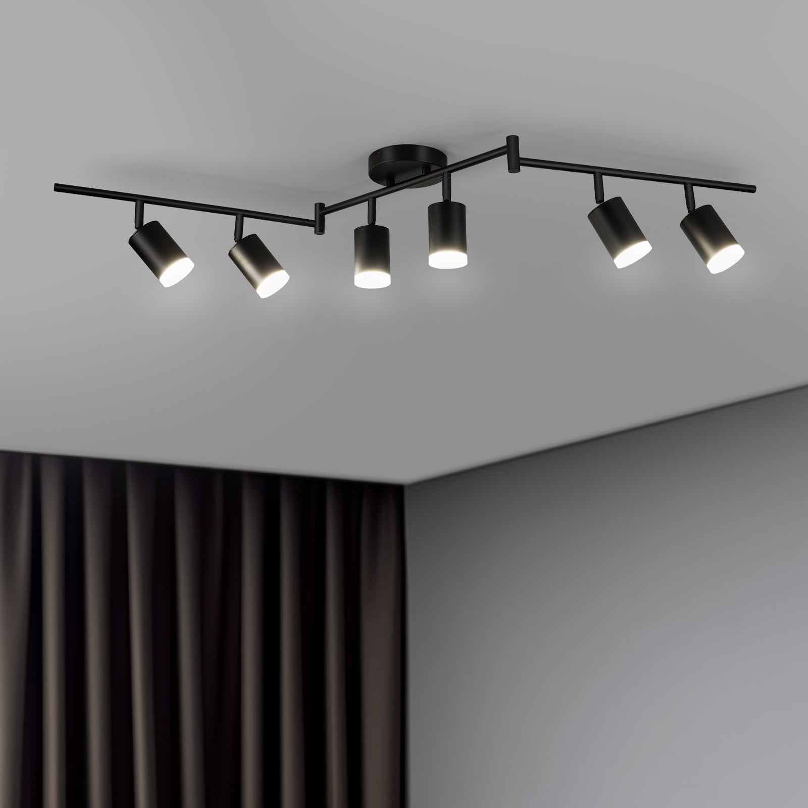 6 Light Black Track Lighting Kit, Modern LED Track Lighting Fixtures Ceiling, Flexibly Rotatable LED Light Head with Acrylic Ring, Kitchen Ceiling Track Light (GU10, Bulbs Not Included)