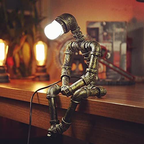 Steampunk Table Lamp,Retro Industrial Bronze Pipe Robot Desk Lamp with 2 Edison Bulbs Lamp Creative Gift