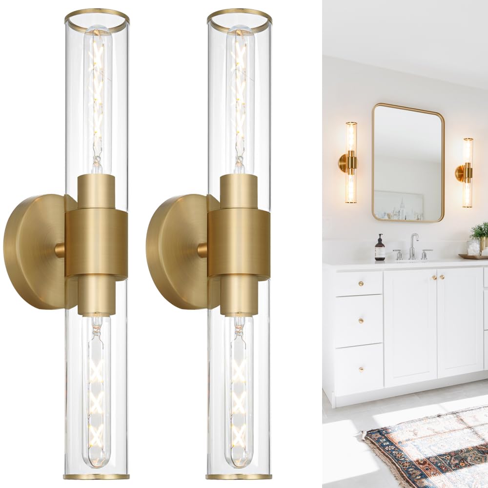 Wall Sconces Set of 2, Brass Sconce Wall Lighting, Brushed Gold Bathroom Wall Vanity Light Fixture, Modern Wall Light Set of Two, Indoor Wall Lamp for Mirror, Cylinder Sconce for Bathroom Bedroom