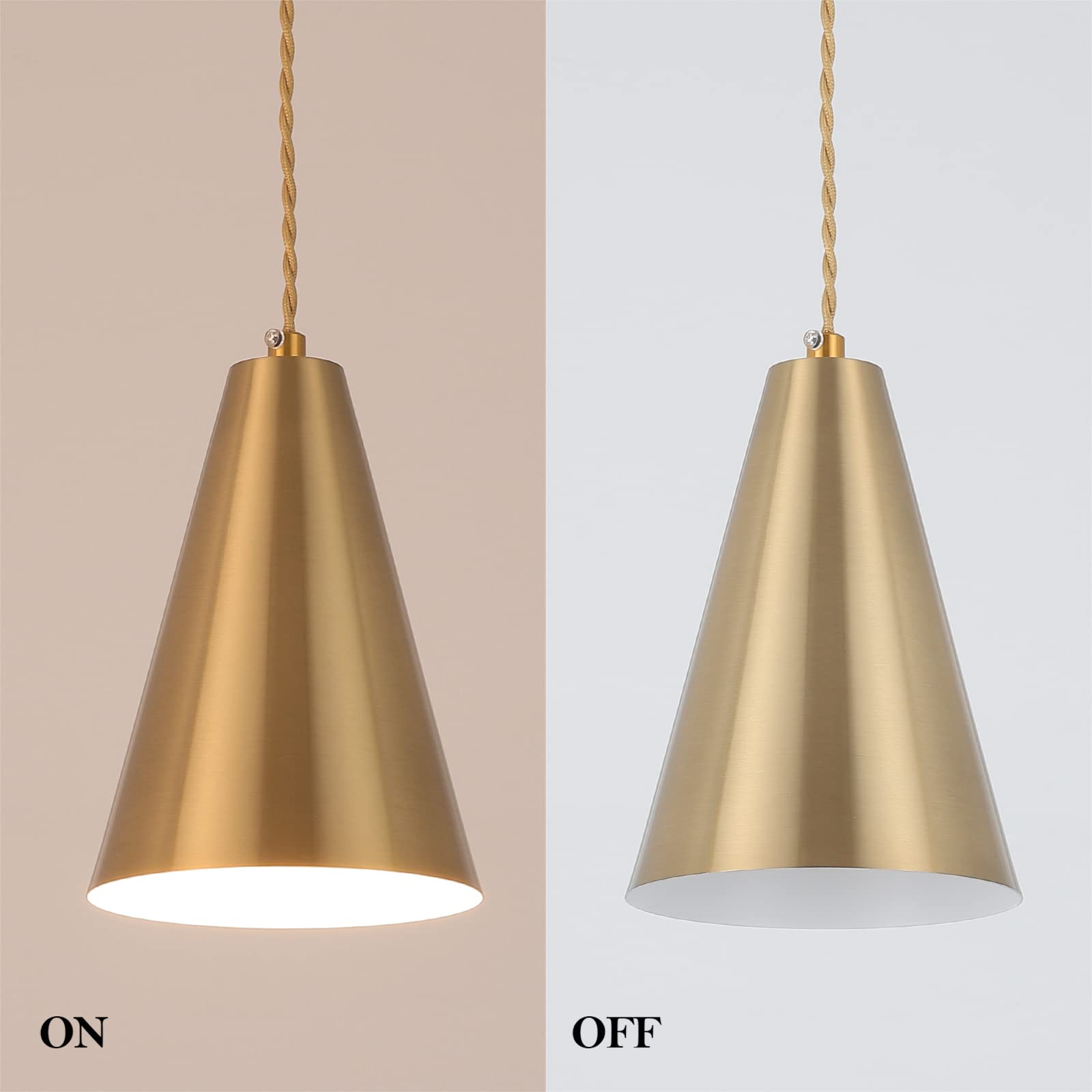 Gold Pendant Lights Kitchen Island,Dining Room Light Fixtures Over Table 3 Pack with Brushed Brass Cone Metal Shade, Modern Farmhouse Mini Chandeliers,Adjustable Cord Hanging Lighting for Bar,Sink