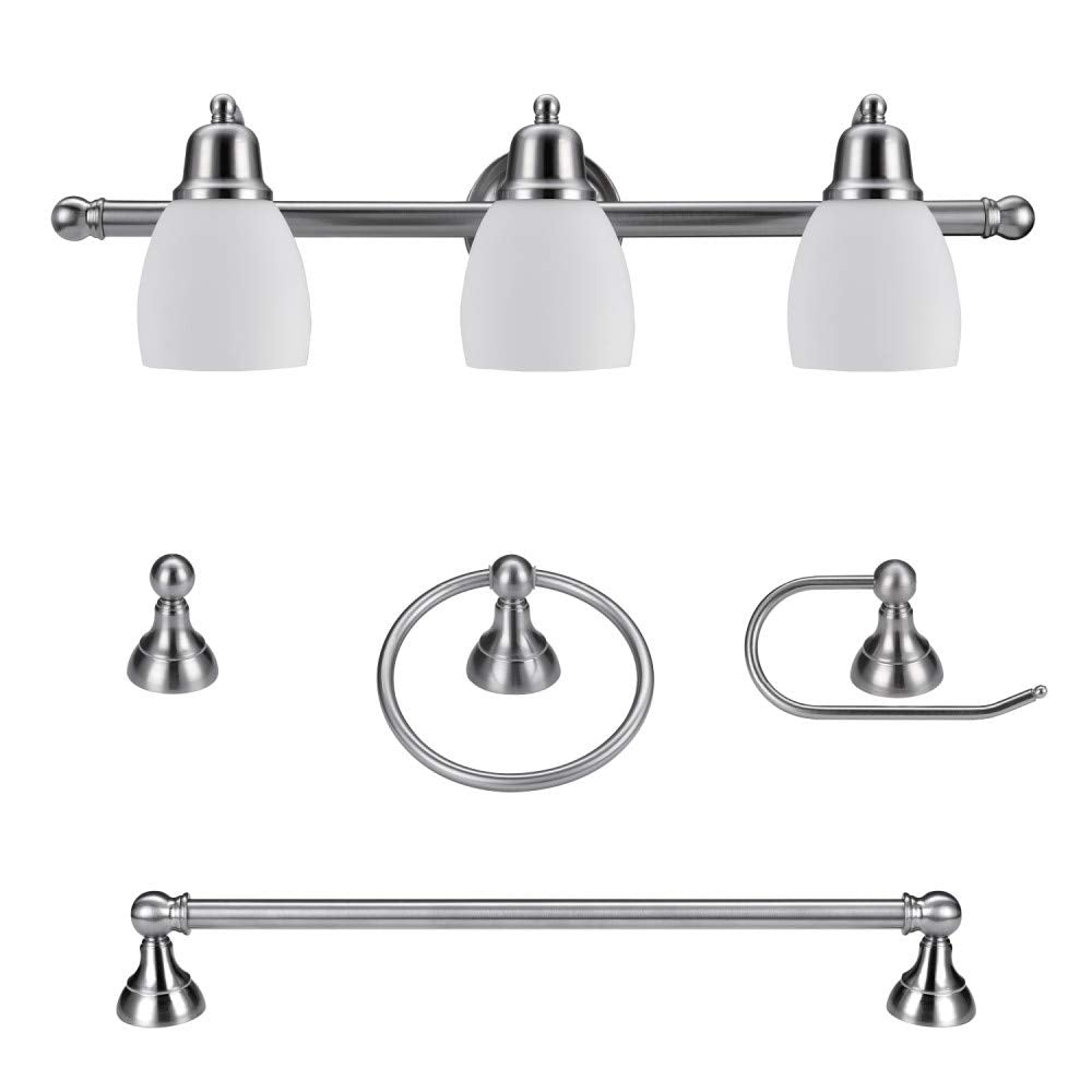 3-Light Vanity All-in-One Bathroom Set, 5 Piece Brushed Steel Finish, 70, Bulb Not Included