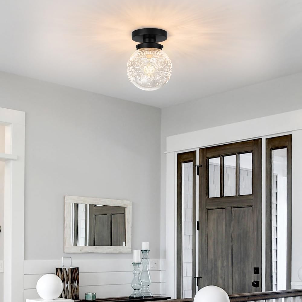 Semi Flush Mount Ceiling Light Fixtures, Vintage Globe Glass Ceiling Light Fixture, Antique Small Black Hallway Light Fixtures for Bedroom, Closet, Entryway, Bathroom, Kitchen