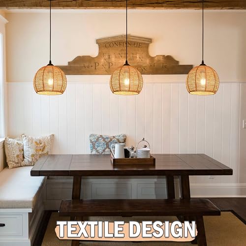 Mini Hemp Rope Woven Pendant Light Woven Light Fixture Boho Chandelier Light Fixture Wicker Pendant Light Rattan Light Pendant Dome Wicker Chandelier for Bedroom Kitchen Island(Bulb Incl.)