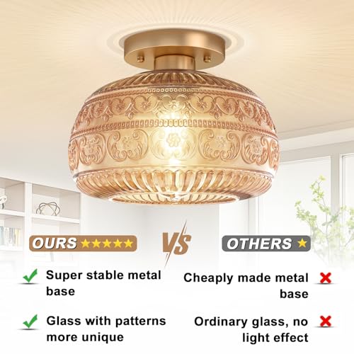 Semi Flush Mount Ceiling Light, Upgraded Modern Close to Ceiling Light Fixture with Clear Glass,Gold Indoor Kitchen Lighting for Porch Corridor Hallway Bedroom, Bulb Not Included