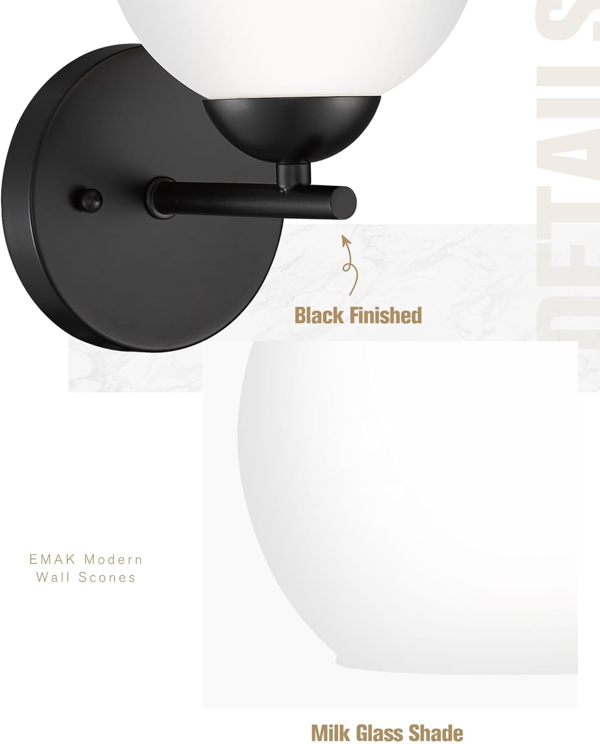 Black Vanity Lights for Mirror, Modern Farmhouse 2-Light Bathroom Light Fixtures Globe Bathroom Vanity Light with Milk Glass Shade, VL114-BK-ML-2