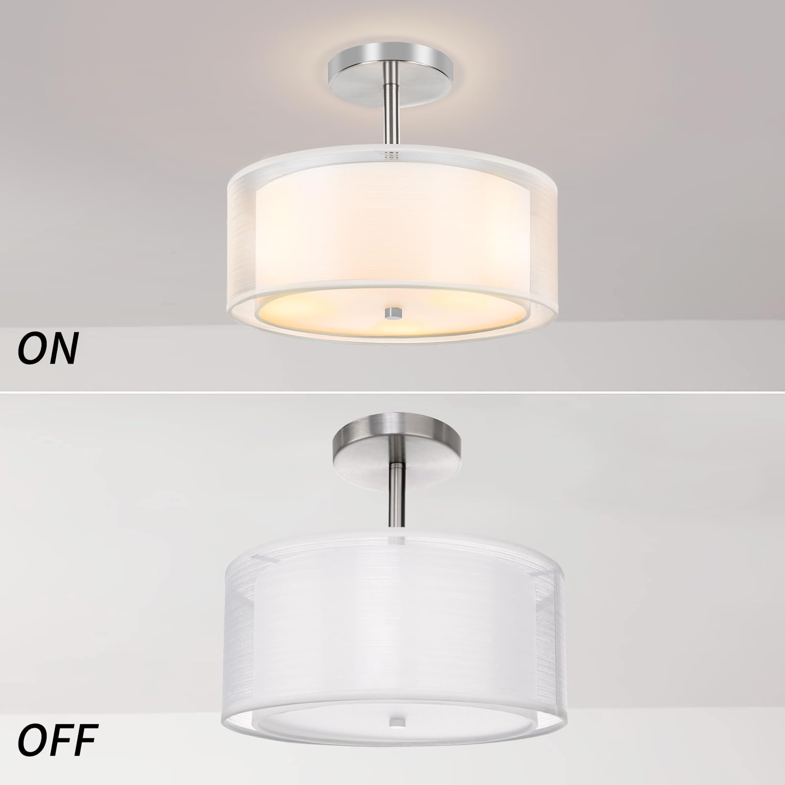 3-Light Semi Flush Mount Ceiling Light Fixture - Easric Modern Light Fixtures Ceiling Mount Drum Light Fixture with Double Fabric Shade Closed to Ceiling Lamp for Bedroom Kitchen Hallway Foyer, White