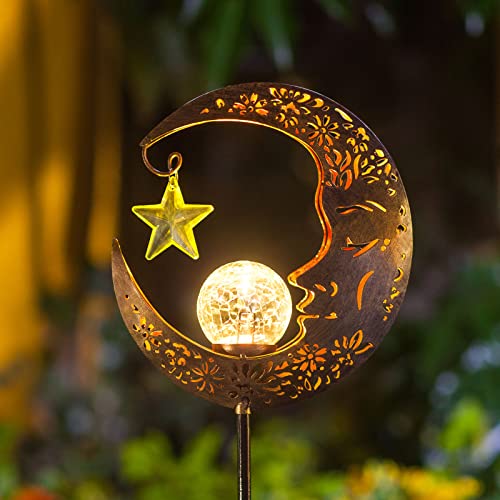 Solar Lights Outdoor Decor Moon Lantern for Patio,Lawn or Pathway Moon Decorations Crackle Glass Globe Stake Metal Lights Waterproof Warm LED Garden Gifts (Bronze)