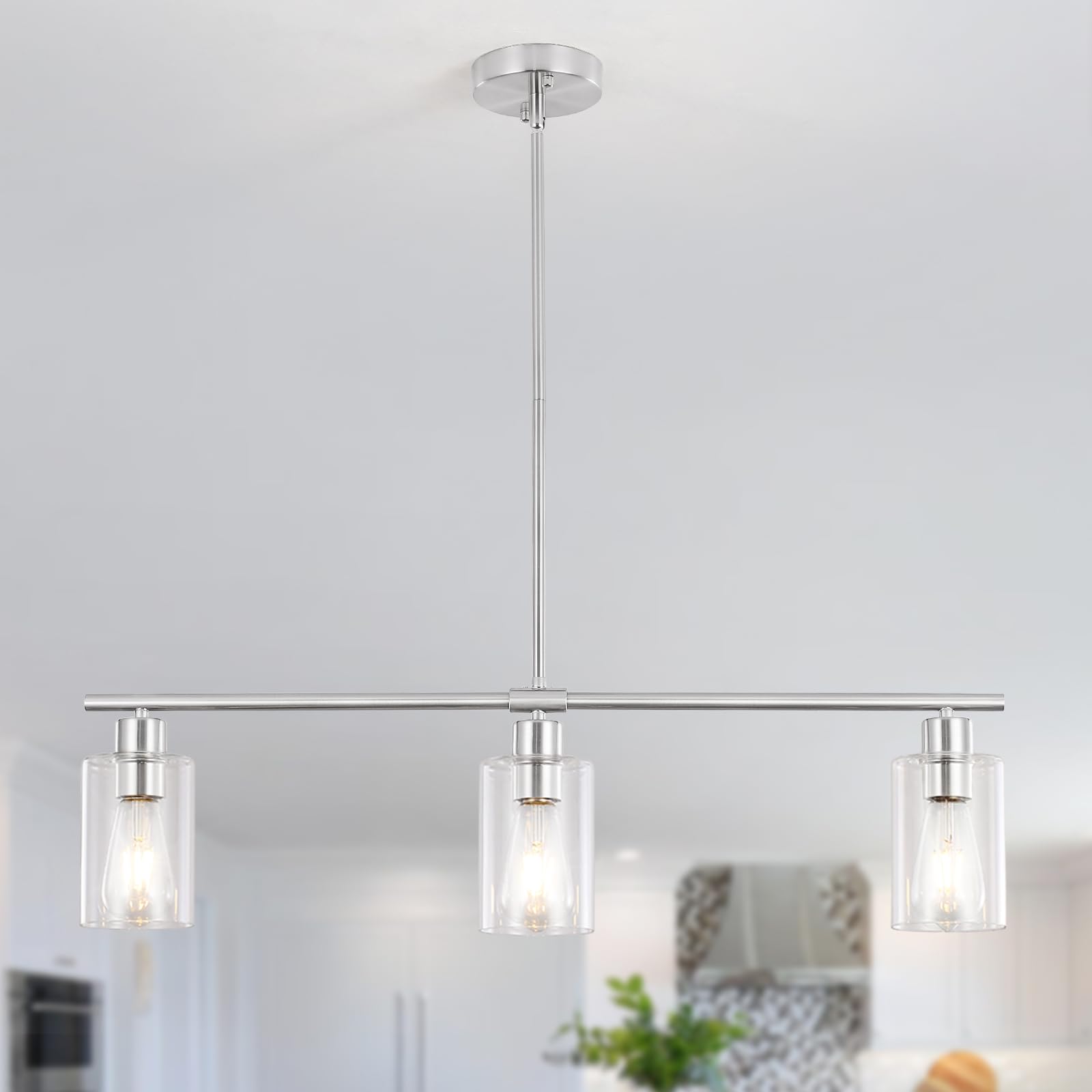 Kitchen Island Lighting, 3 Lights Black Linear Chandelier Modern Pendant Light Fixture with Glass Shades, Dining Room Hanging Light fixtures for Foyer Bar Living Dining Room Bedroom