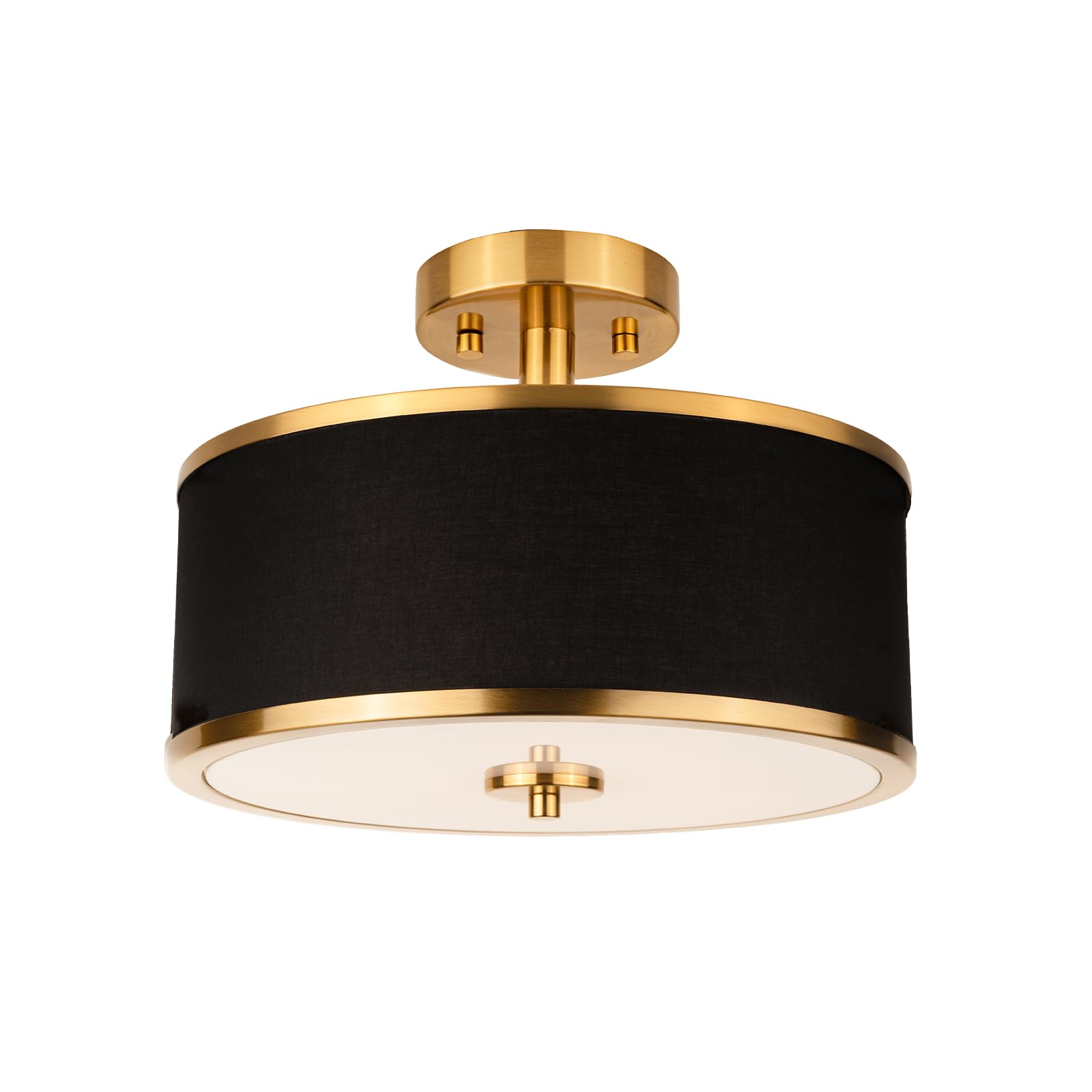 3-Light Semi Flush Mount Ceiling Light Fixture, 12.6" Gold Drum Light with Black Fabric Shade, Modern Close to Ceiling Light for Living Room Bedroom Dining Room Kitchen Hallway Entry Foyer