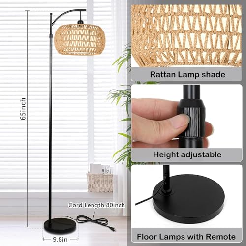 Floor Lamp for Living Room,Bedroom,Boho Rattan Floor Lights,Tree 3 Bulb Standing Lamp Farmhouse Industrial Black Tall Lamp,Wicker Bamboo Lamp Shade Flower Dimmable Floor Lamps Bohemian Decor