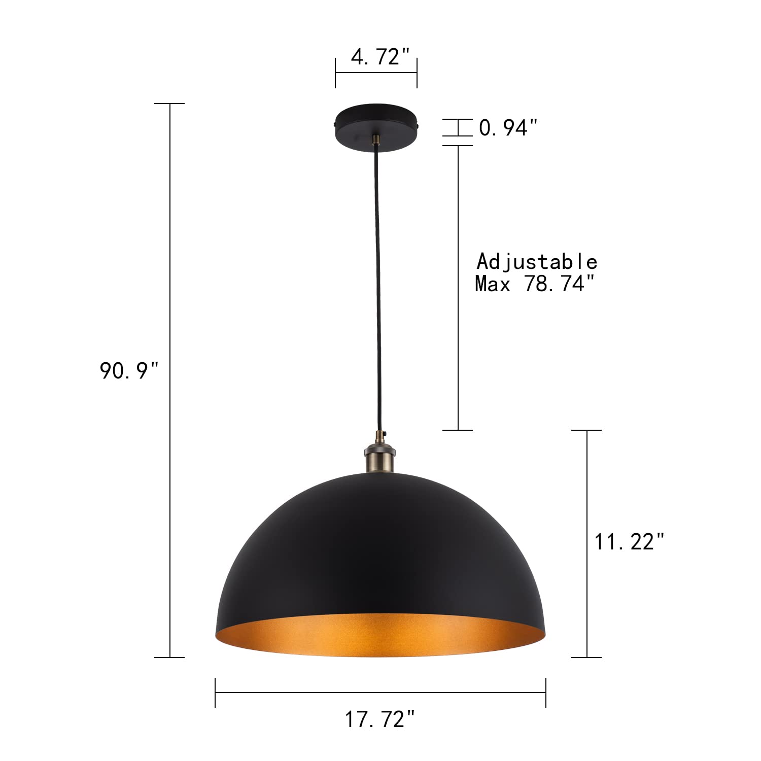 Modern Pendant Light,Farmhouse pendant light 17.72 "Farmhouse pendant light Industrial Large Dome Chandelier White and gold finish lighting fixture line length 78.74" Kitchen island, bedroom