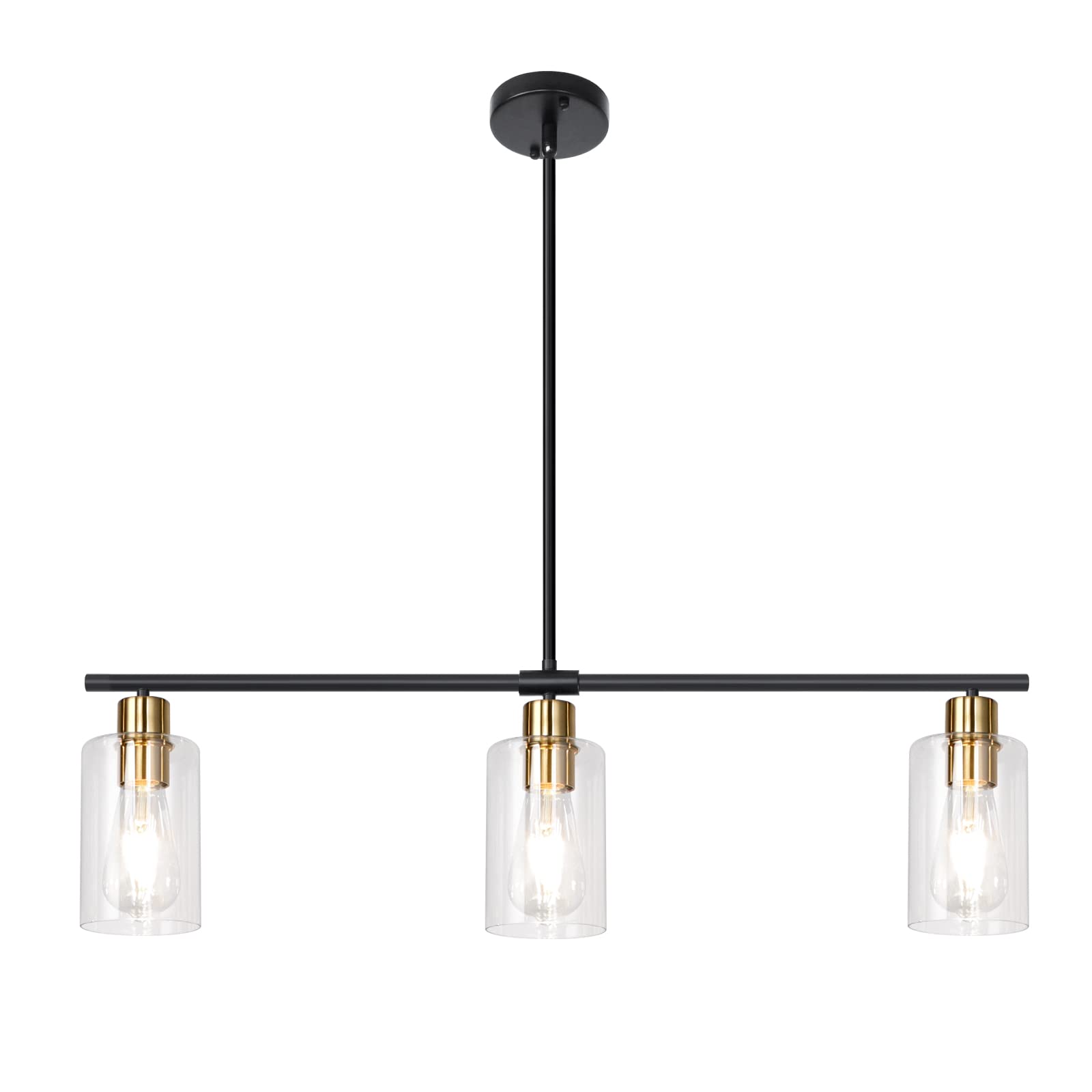 Kitchen Island Lighting, 3-Light Height Adjustable Farmhouse Chandeliers for Dining Room Light Fixture with Glass Shades, Kitchen Pendant Lighting Over Island, Black and Gold Chandelier