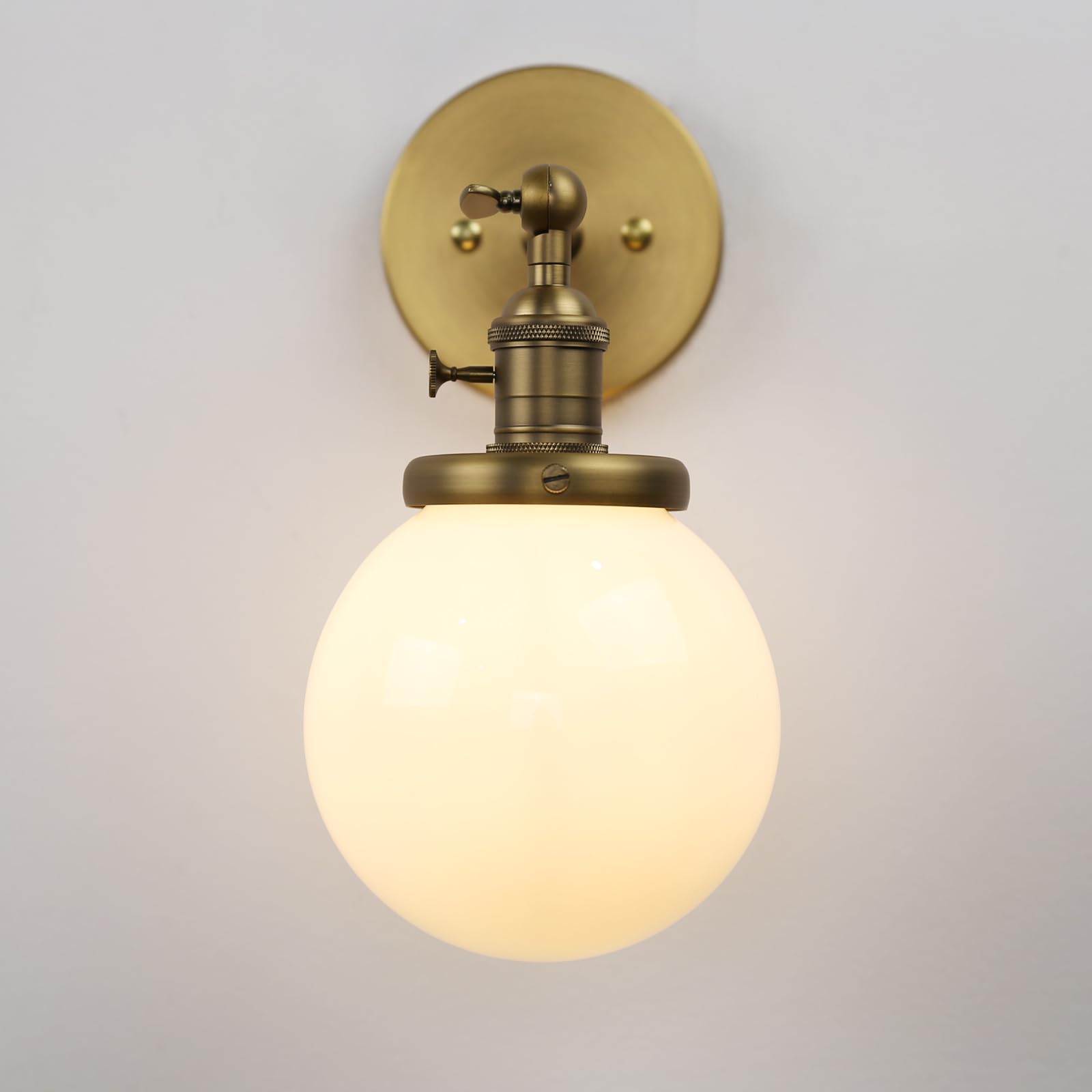 Industrial Wall Sconce with White Globe, Brass Bathroom Vanity Light with On Off Switch, Vintage Wall Light Fixtures for Living Room Loft Hallway