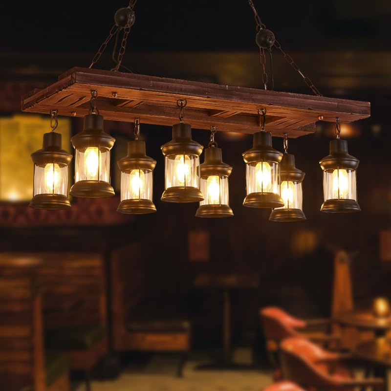 Rustic Chandelier Farmhouse Rustic Light Fixtures for Dining Room Kitchen Island, Industrial Wooden Hanging Lights Ceiling Light Fixture for Game Room Bar Coffee Pool Table (8-Light)