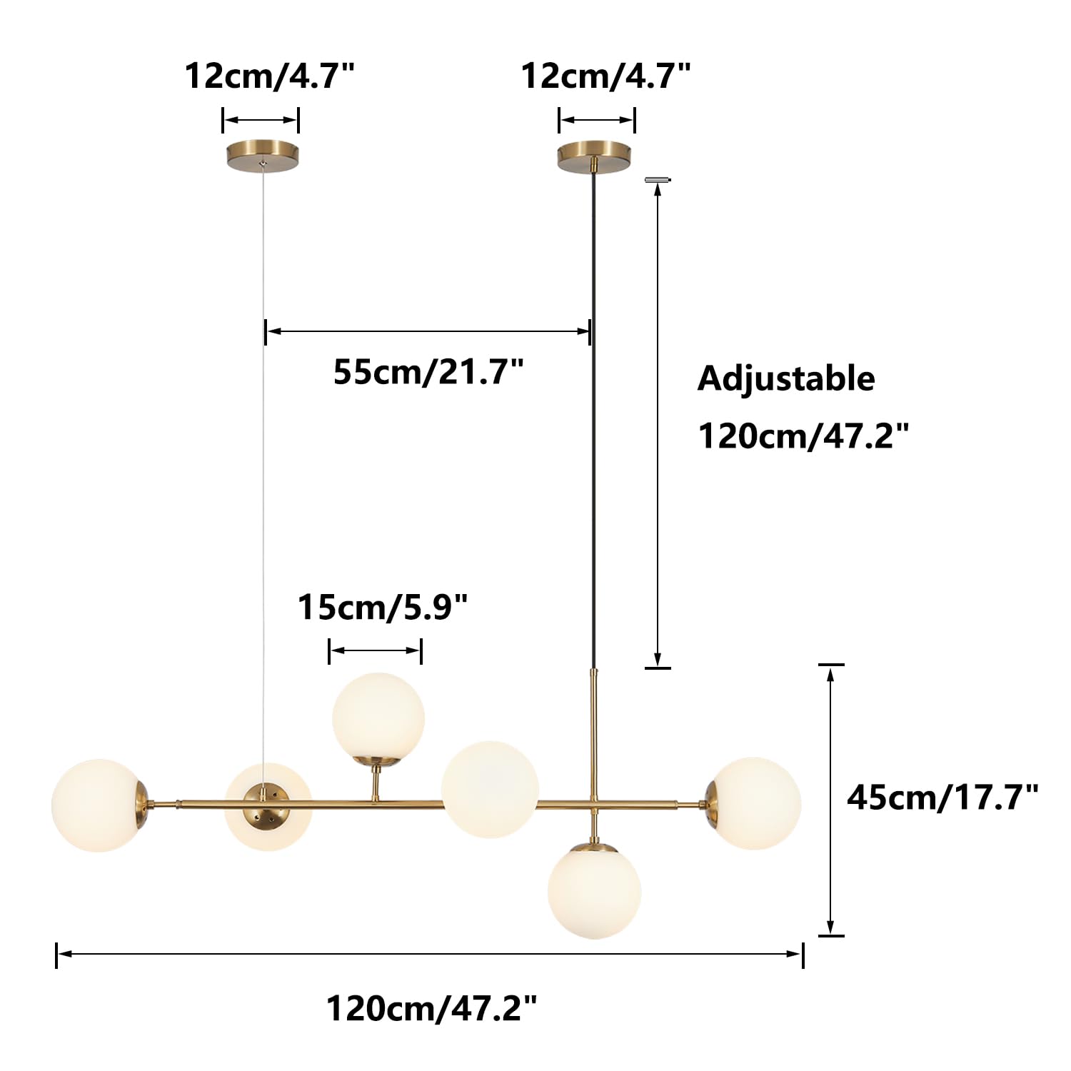 BOKT Modern Gold Chandelier 7-Lights Frosted Glass Globe Pendant Light Kitchen Island Linear Hanging Lighting Fixtures for Living Room Bedroom Dining Room Corridor