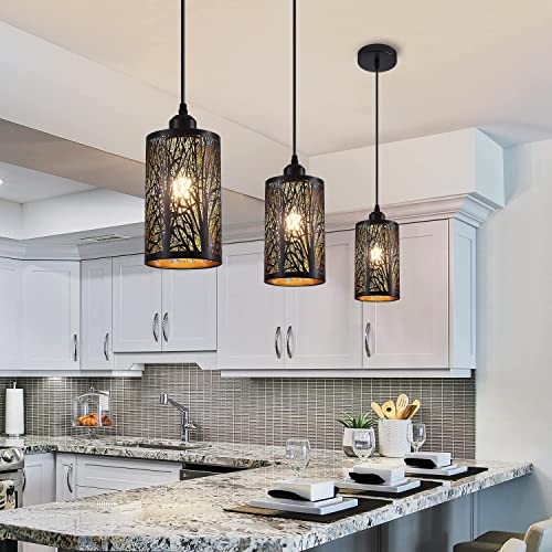 Industrial Black Pendant Light Fixture Vintage Mini Black Pendant Lighting with Gold Finish Rustic Hollow-Carved Small Pendant Light for Kitchen Island, Dining Room, Bedroom