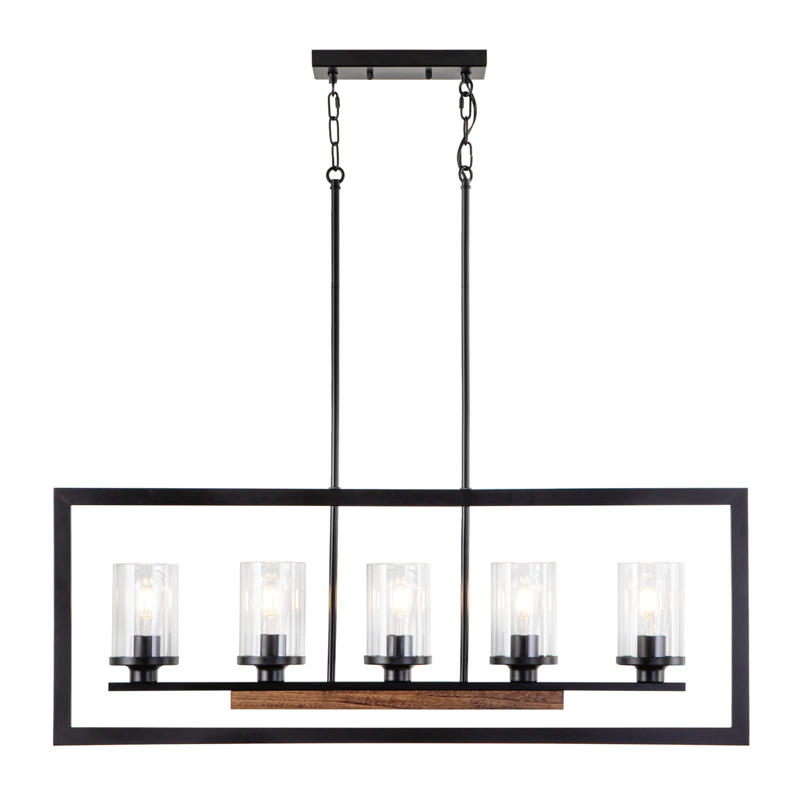 Dining Room Light Fixture Over Table, 5-Light Linear Farmhouse Chandelier Pendant Lighting for Kitchen Island Dining Room with Glass Shade, Black Metal and Wood Finish