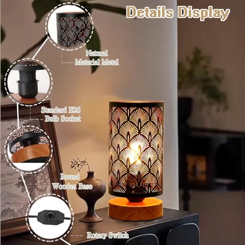 Black Metal Table Lamp, Stepless Dimmable Small Bedside Lamp,Rustic Style Little led Desk Lamp with Hollow-Carved Lampshade, Modern Industrial Nightstand Lamp for Bedroom, Living Room Home Decor