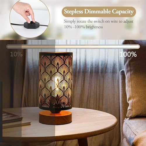 Black Metal Table Lamp, Stepless Dimmable Small Bedside Lamp,Rustic Style Little led Desk Lamp with Hollow-Carved Lampshade, Modern Industrial Nightstand Lamp for Bedroom, Living Room Home Decor