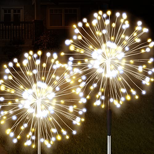 Solar Firework Lights, 2 Pack 120 LEDs 2 Lighting Modes Outdoor Waterproof for Garden Patio Walkway Pathway Party Wedding Christmas Decorative - Cool White