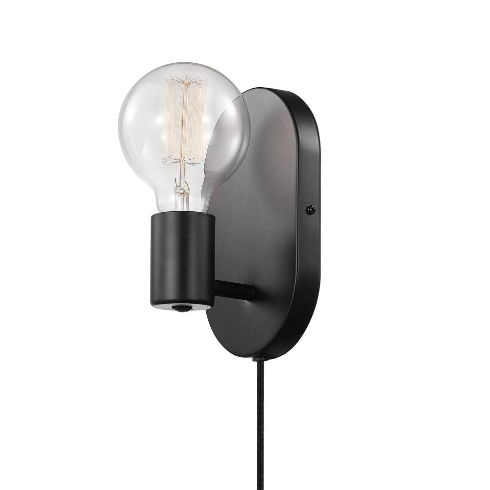 Globe Electric 51725 1-Light Dimmable Plug-in or Hardwire Wall Sconce, Matte Black, Faux Walnut Accent, Stepless Dimming Rotary Switch on Canopy, Black Fabric Cord, Bulb Not Included