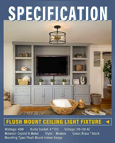 Semi-Flush Mount Ceiling Light - Crystal Ceiling Light Fixture 12-inch 4-Light Close to Ceiling Light - E12 Hallway Ceiling Light - for Living Room Bedroom Kitchen Foyer C2062-4