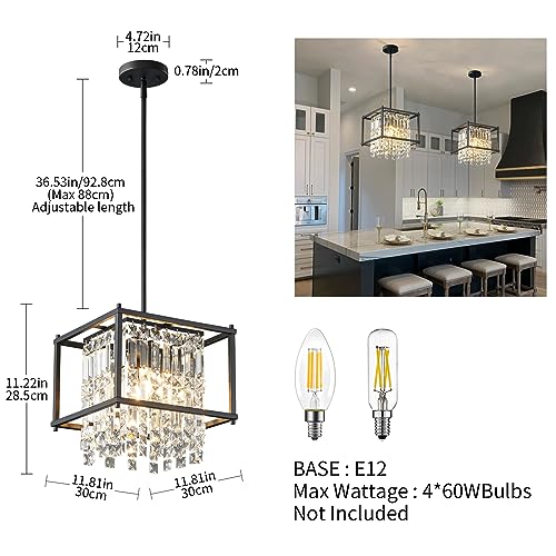 4-Light Dining Room Light Fixture 11.81 inch Square Lndustrial Farmhouse Chandelier Gold Metal Crystal Pendant Light for Kitchen Island Dining Room Living Room Flat and Inclined Ceiling