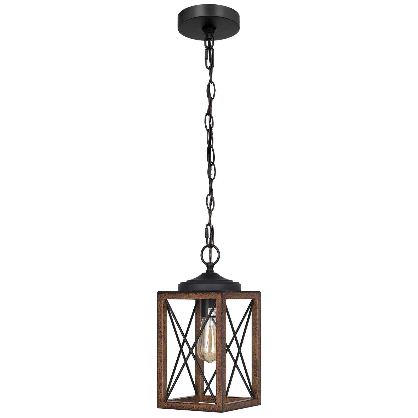 Farmhouse Pendant Light, Metal Hanging Light Fixture with Wooden Grain Finish, 63 Inch Adjustable Chain for Flat and Slop Ceiling, Kitchen Island, Bedroom, Dining Hall, E26 Base, 1 Pack