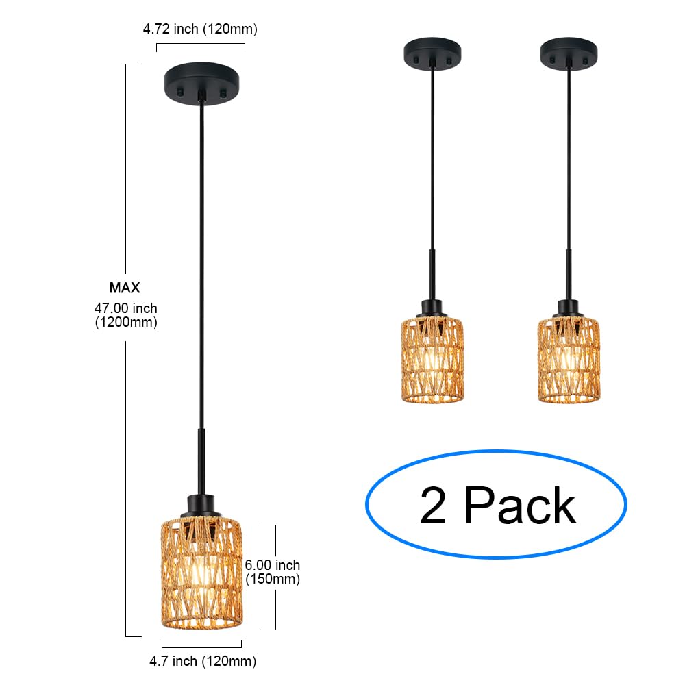 2 Pack Rattan Hanging Light Fixture Boho Pendant Light Black Adjustable Dining Table Light Fixture with Rattan Lamp Shade, Set of Two Mini Pendant Lighting for Kitchen Island Hallway Stair