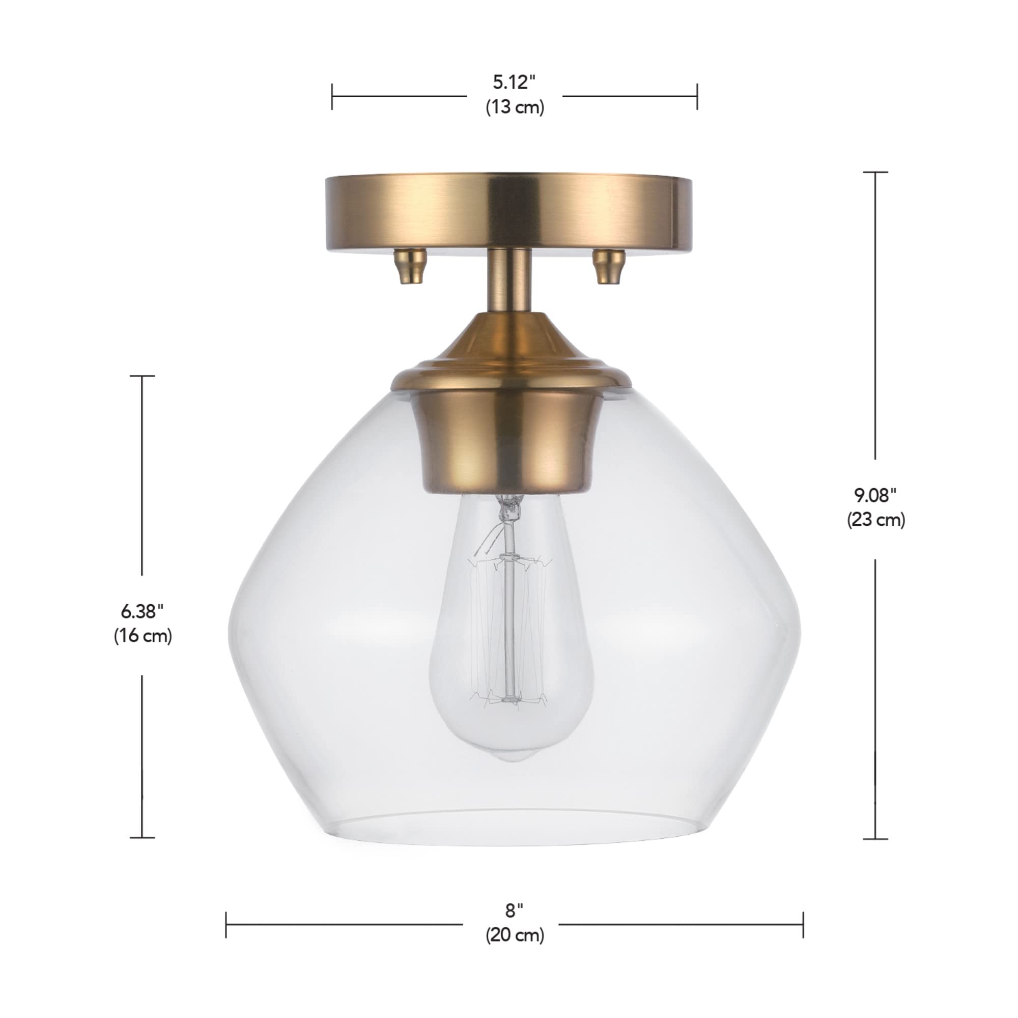 1-Light Semi-Flush Mount Ceiling Lighting, Matte Brass, Clear Glass Shade, Bulb Not Included