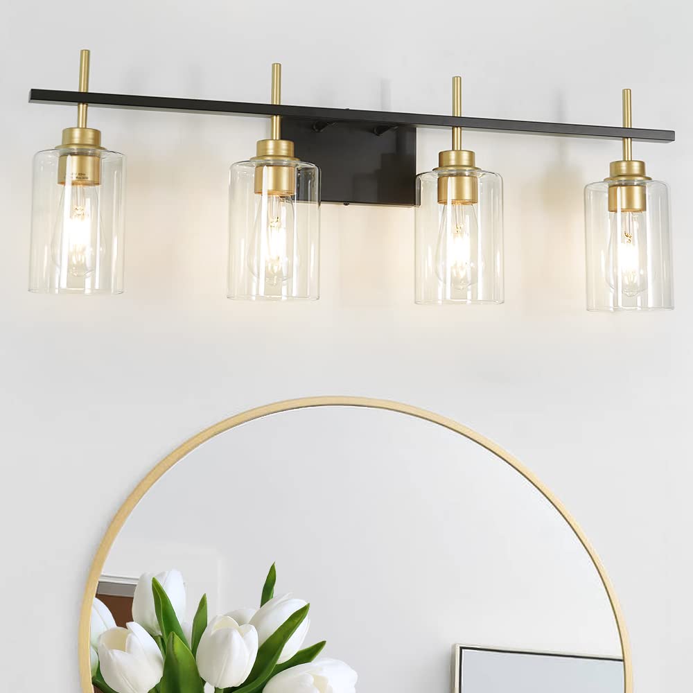 Black and Gold Wall Sconces Set of Two, Bathroom Sconce Wall Lighting Set of 2,Modern Glass Bathroom Wall Light, Wall Mounted Light for Bedroom Living Room Hallway