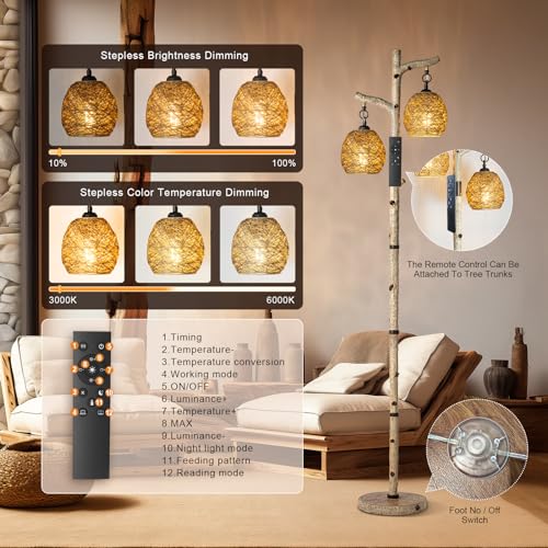 68.5" Rustic Farmhouse Remote Control Switch Birch Tree Floor lamp with Bird Nest Lantern Shade Vintage Standing Lamp for Living Room Bedroom Hotel Bar Office Wood House(LED Bulb Included)