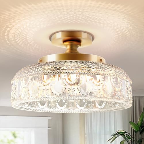 Semi Flush Mount Ceiling Light, Upgraded Larger Golden Hallway Light Fixture, 3-Bulb Globe Glass Close to Ceiling Light,Indoor Hanging Light for Bedroom Kitchen Porch Hallway,Bulbs Not Included