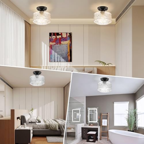 Modern 3-Light Semi Flush Mount Ceiling Light, Clear Glass Hallway Ceiling Light Fixture with Round Shade, Industrial Black Glass Close to Ceiling Lamp for Bathroom Kitchen Bedroom Porch