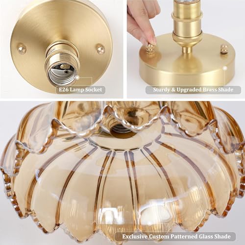 Semi Flush Mount Ceiling Light, Gold Hallway Vintage Lights Fixture Ceiling with Amber Peony Glass, Bulb Included, 4.72" Base Modern Ceiling Light Fixtures for Kitchen Bedroom