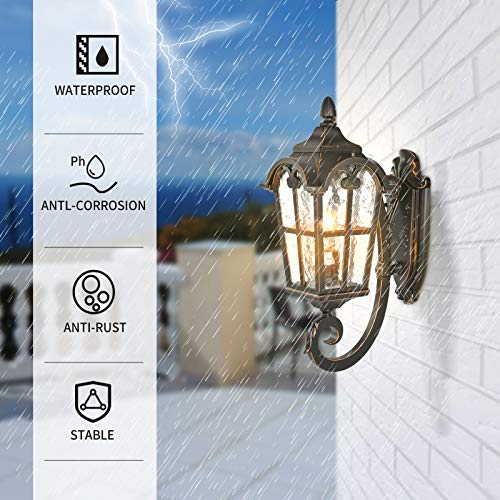 PARTPHONER Outdoor Wall Light Fixtures Black Roman 17.71" H Exterior Wall Lantern Waterproof Sconce Porch Lights Wall Mount with Water Glass Shade for House