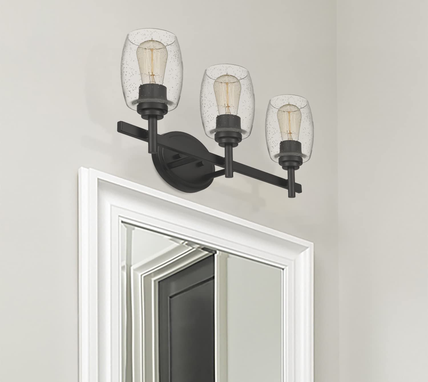 Farmhouse 3-Light Vanity Light Industrial Wall Sconce Lighting with Seeded Glass Shade in Brushed Finish for Bathroom, Hallway, Kitchen, Mirror, Laundry Room