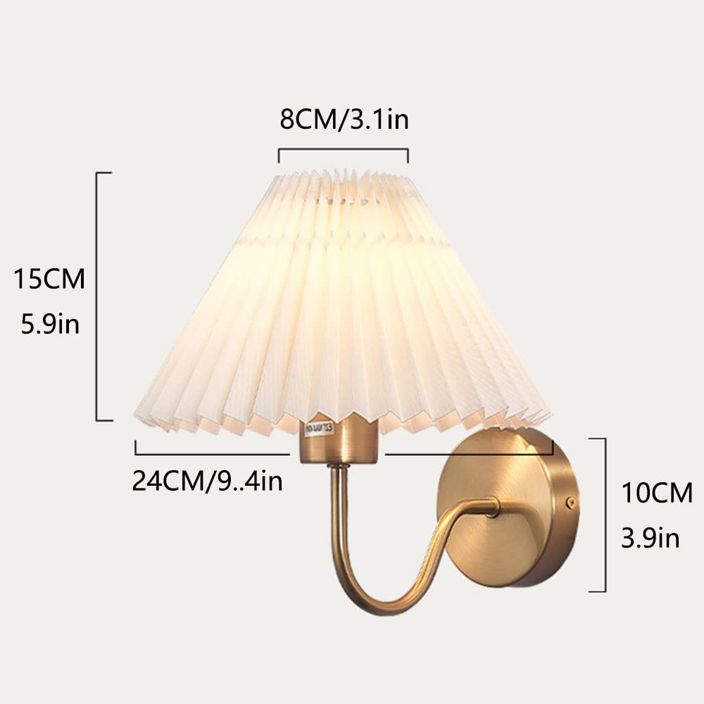 Gold Wall Sconces Sets of 2, Pleated Fabric Wall Lamp Bedside Wall Light Bathroom Dresser Vanity Light Hardwired Wall Lighting for Bedroom Living Room Hallway Kitchen