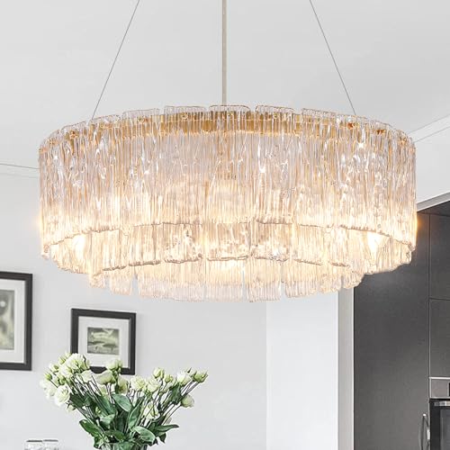 Modern Gold Chandeliers,20” Crystal Glass Pendant Ceiling Light Fixtures 7-Light Round Chandelier Luxury 2 Tiers Hanging Chandelier for Dining Room Foyer Living Room Bedroom