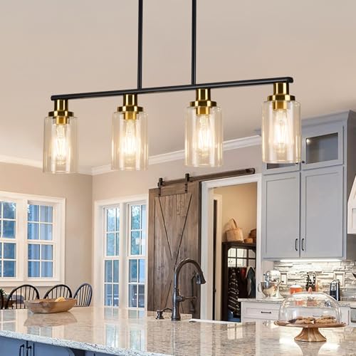 Kitchen Island Lighting, 4-Light Dining Room Light Fixtures Over Table, Gold Linear Chandelier for Dining Room Hanging,Pendant Lights Kitchen Island,with Clear Glass Shade,Height Adjustable