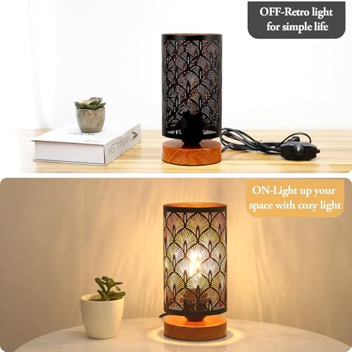 Black Metal Table Lamp, Stepless Dimmable Small Bedside Lamp,Rustic Style Little led Desk Lamp with Hollow-Carved Lampshade, Modern Industrial Nightstand Lamp for Bedroom, Living Room Home Decor