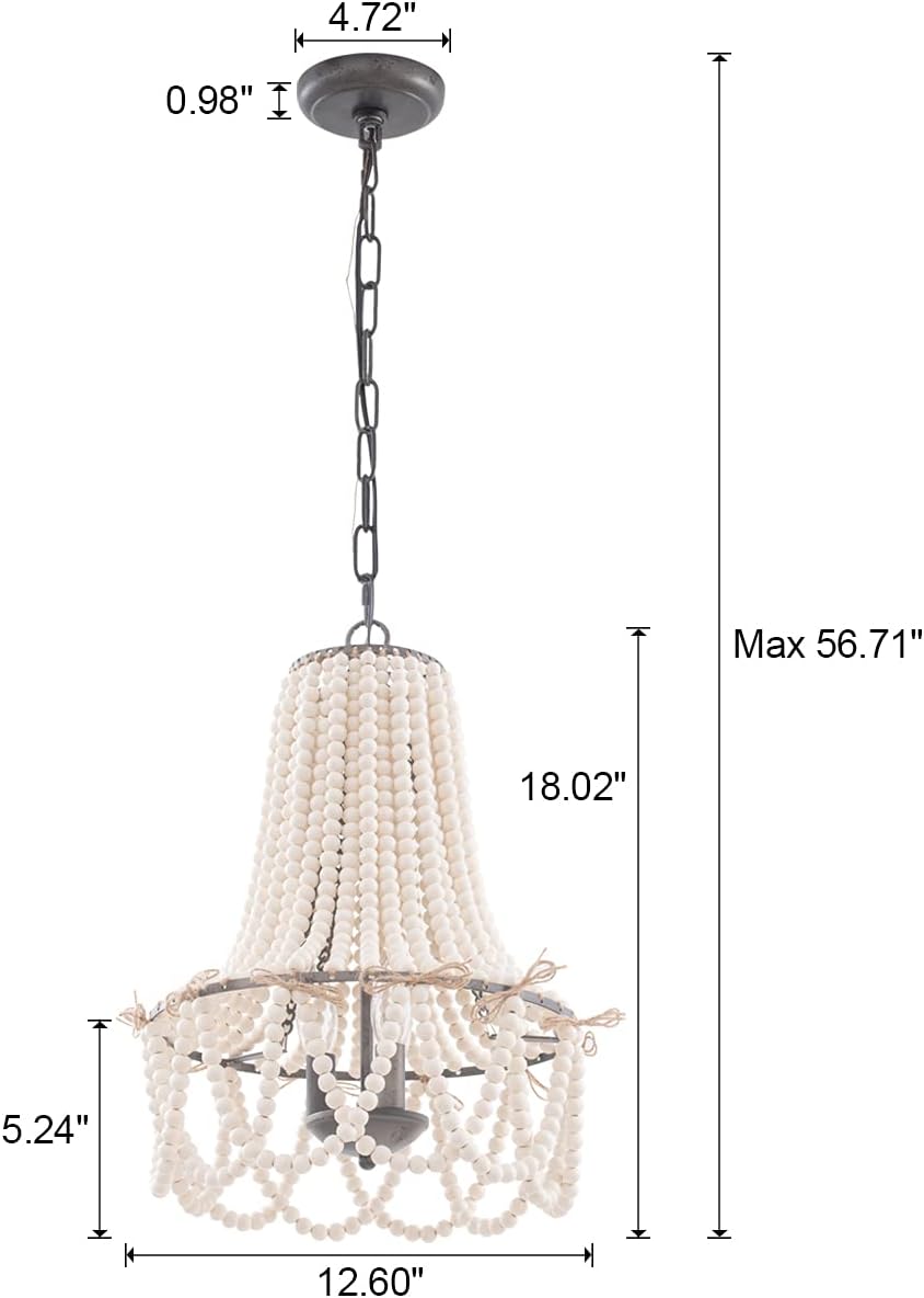 3-Light Bohemia Wood Beaded Chandelier Antique Rustic Pendant Light White Finishing for Bedroom, Kitchen Island, Girl Room, Dining Room