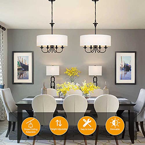 Traditional 5-Light Chandelier Modern White Drum Chandeliers with Linen Shade for Dining Room Living Room Foyer, 20" Dia