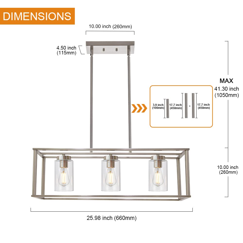 3-Light Industrial Metal Large Pendant Lighting Oil Rubbed Bronze Modern Linear Chandelier with Clear Glass Shades Farmhouse Rustic Ceiling Light Fixtures Hanging for Dining Room Kitchen Island